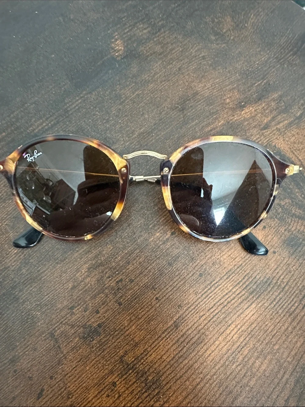 Ray-Ban Tortoiseshell Round Sunglasses with Dark Brown Lenses and Gold Bridge